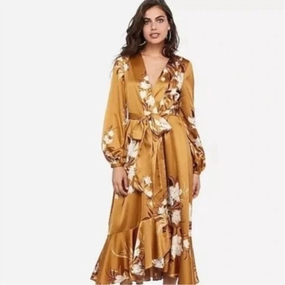EXPRESS X ROCKY BARNES COLLABORATION GOLD FLORAL KIMONO WRAP DRESS SIZE M/L